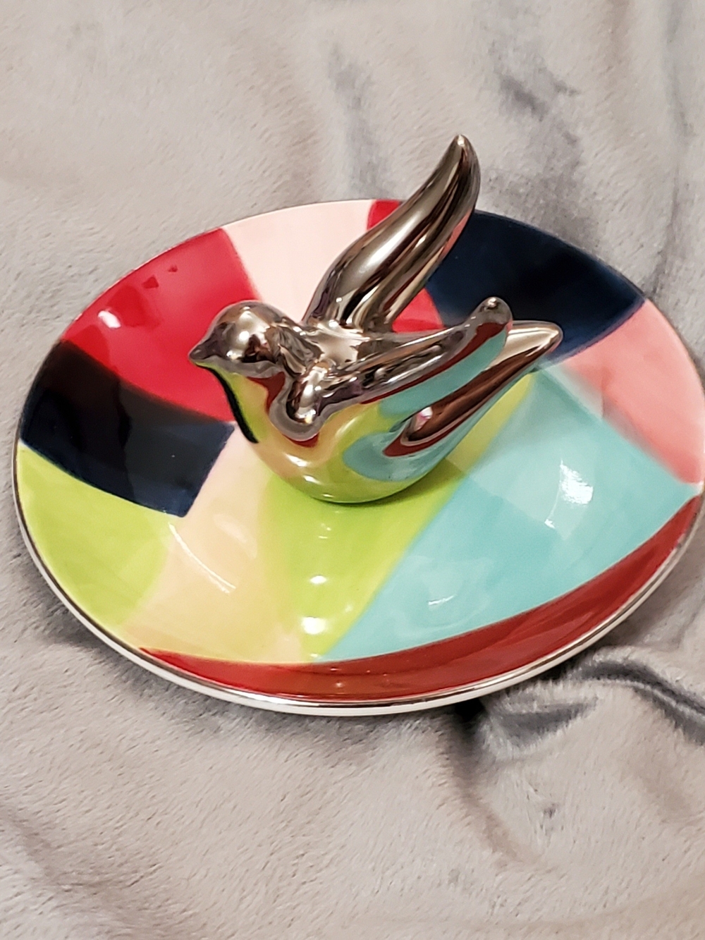 Colorful Ceramic Trinket Dish with Silver Bird Accent